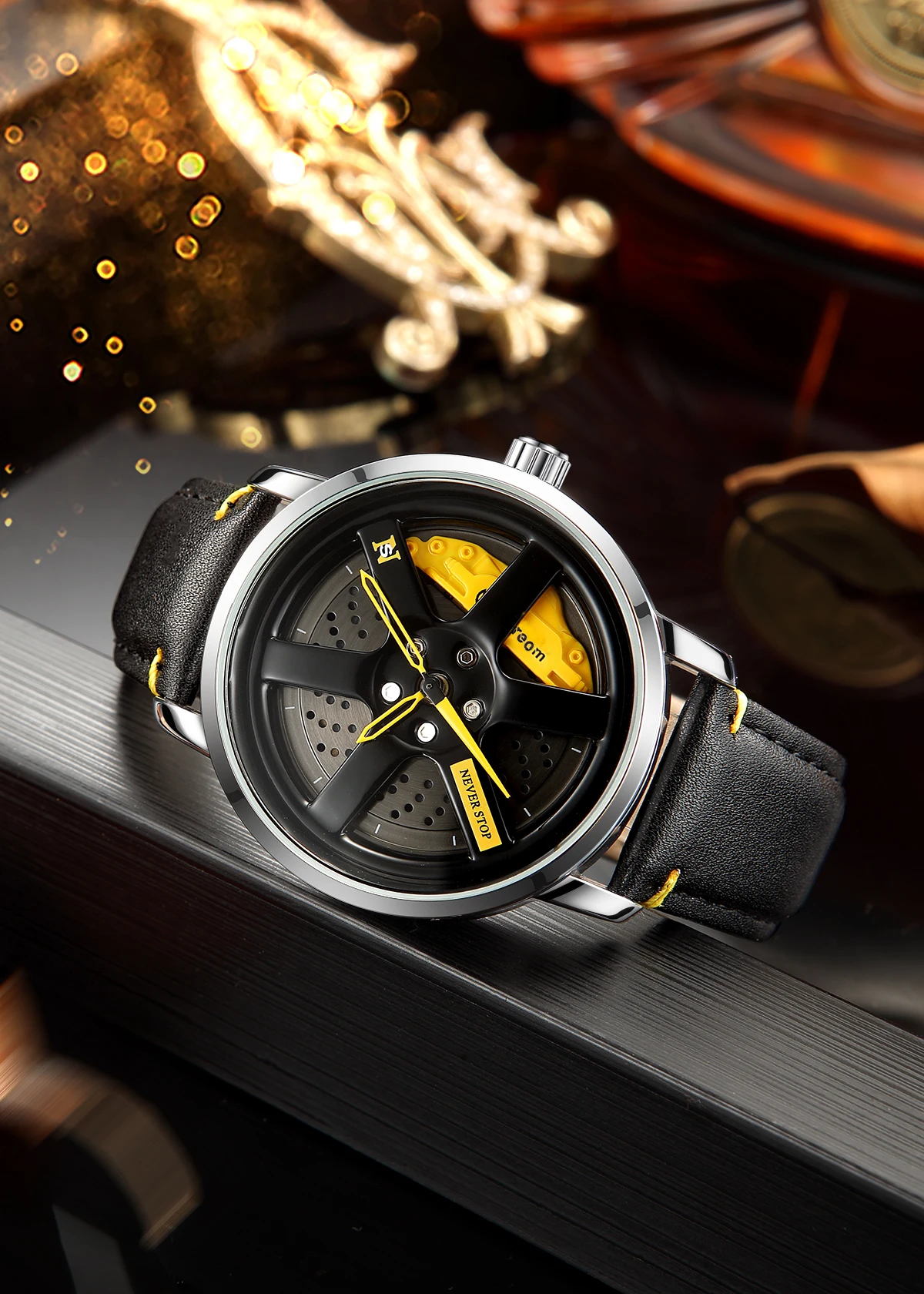 NS Men\'s Car wheel hub watch Minimalist Fashion Sports Watch Calendar Leather casual Quartz watch