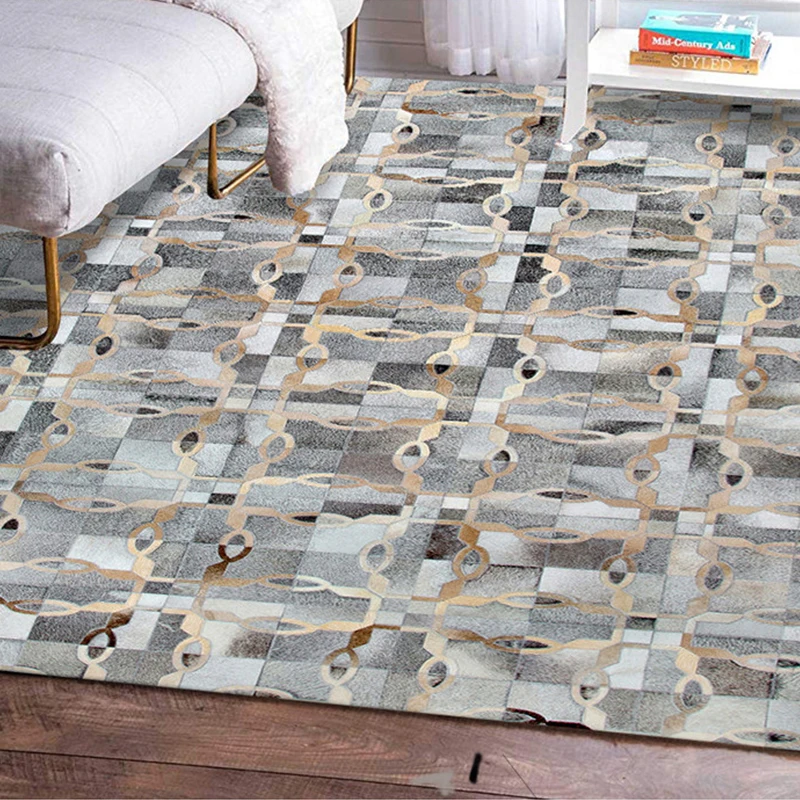 Grey Real Cowhide Handmade Patchwork Living Room Rug Luxury Villa Large Center Rug Modern Sofa Tea Table Floor Mat Customize