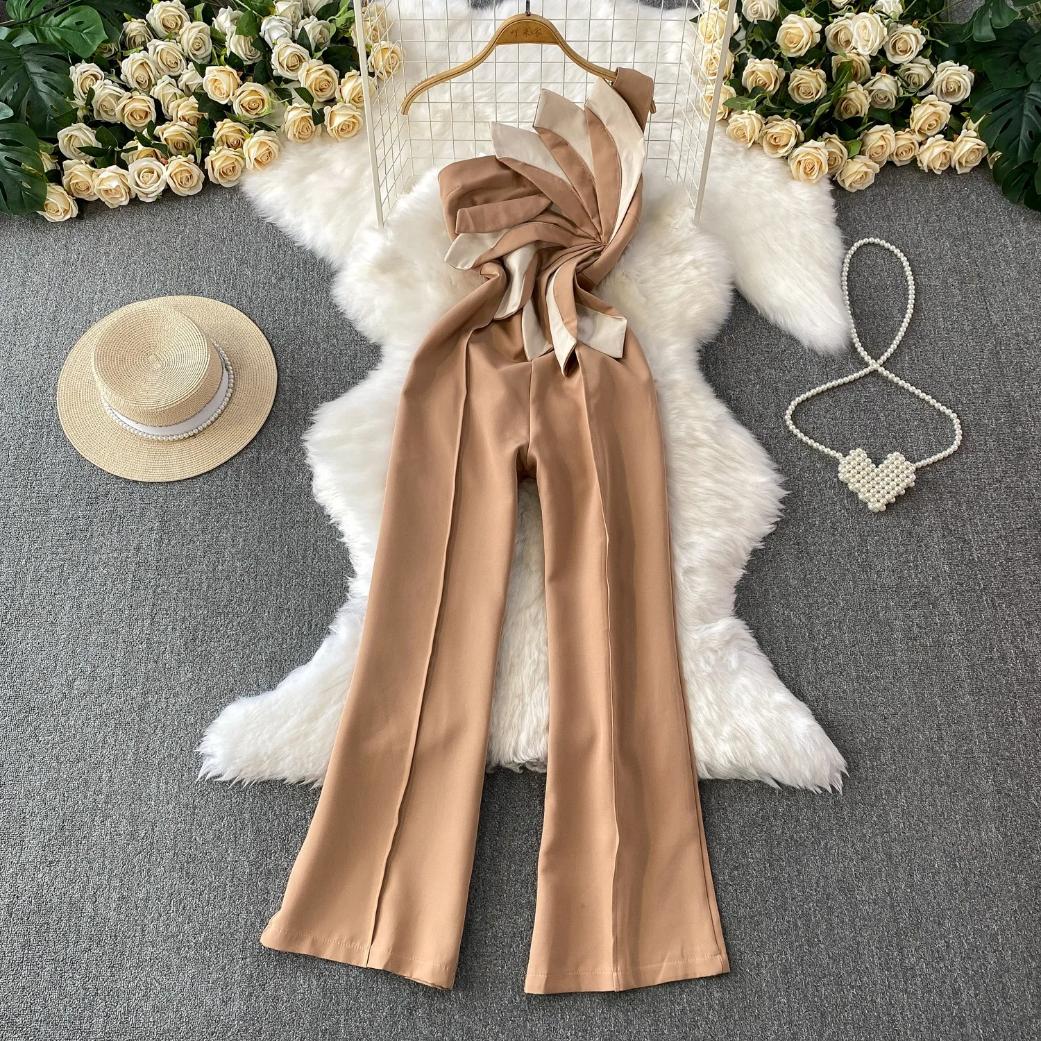 2025 Elegant Women's Jumpsuit Women New Fashion Sleeveless Contrast Color Patchwork Gathered Waist Straight Clothing