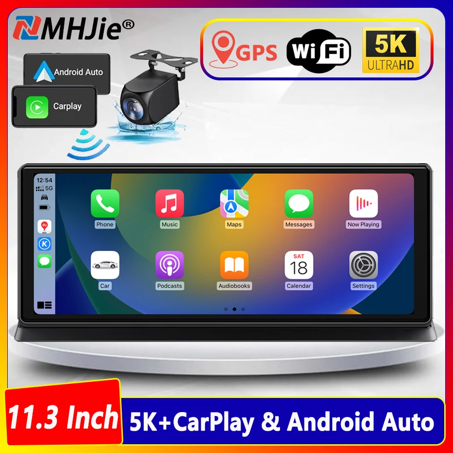 Dash Cam 5K Front Rear Car Camera Wireless CarPlay & Android Auto WiFi GPS 11.3