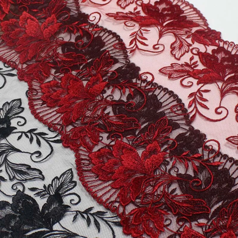 

20/37Yds Bilateral Floral Embroidery Lace Trim Black Dark Red Tulle Embroidered Encaje Lace Fabric for Clothes Accessories