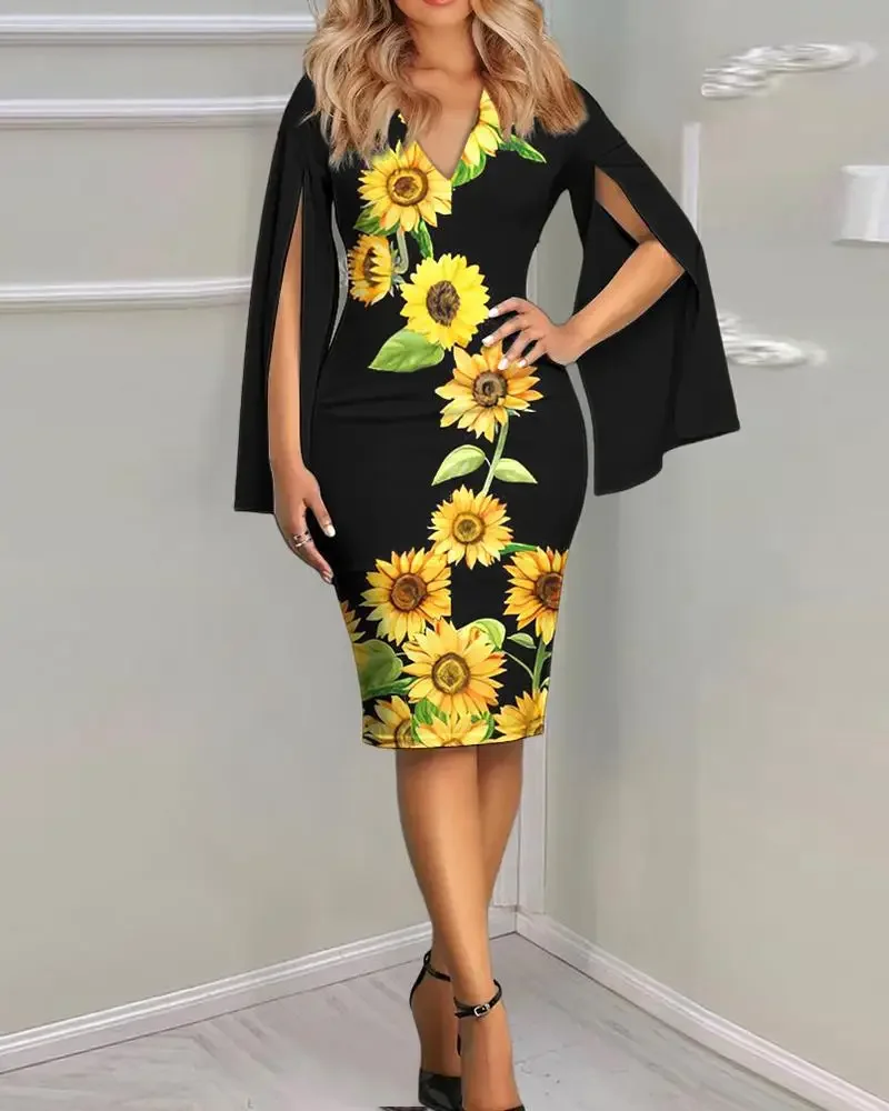 Damenkleid mit V-Ausschnitt, ausgestellten Ärmeln und geometrischem Golddruck, figurbetontes Midikleid, elegantes, schmales Outfit für Teepartys und formelle Anlässe – Detail 3