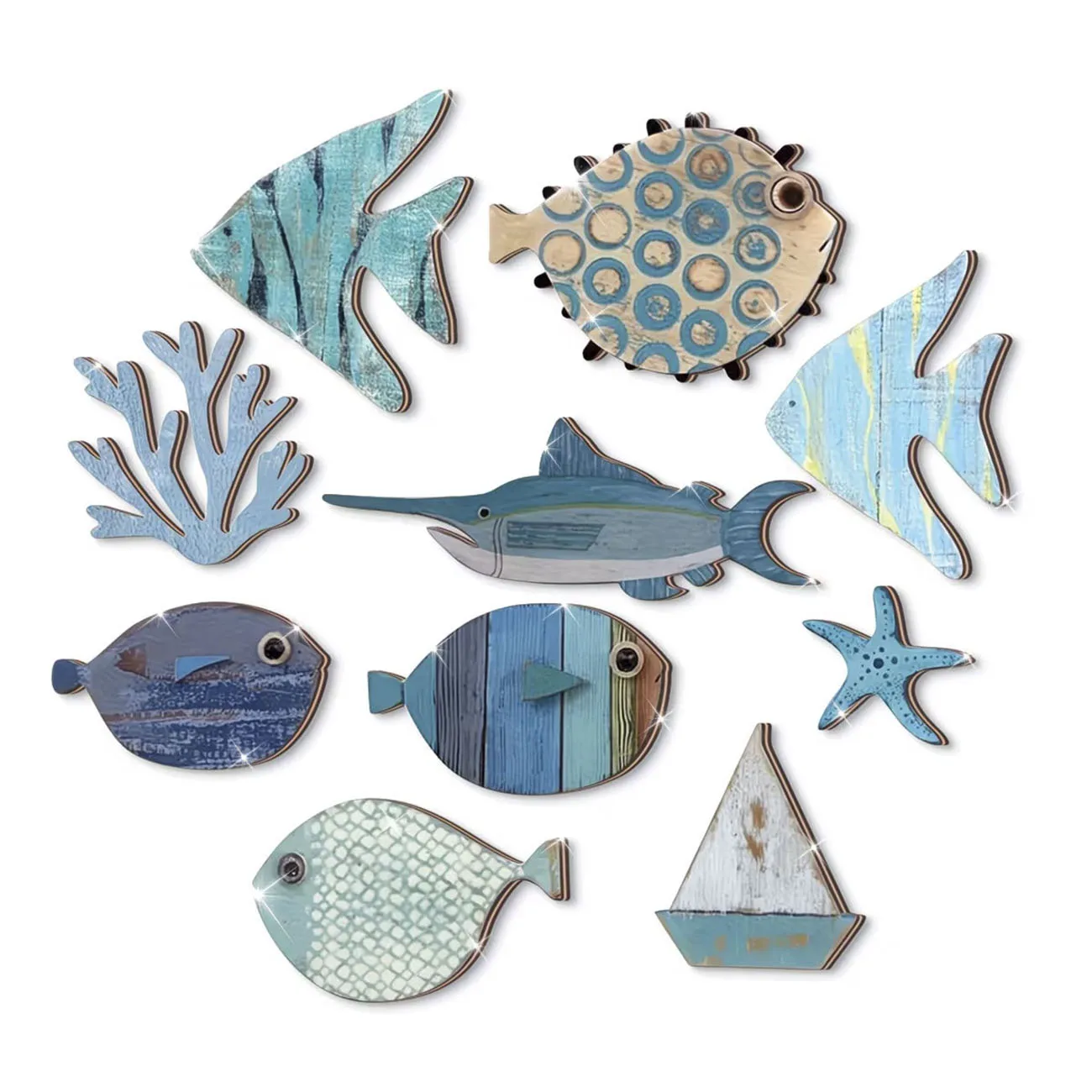 10Pcs Coastal Ocean Wooden Wall Decor Set, Fish Coral Starfish Sailboat Wall Art