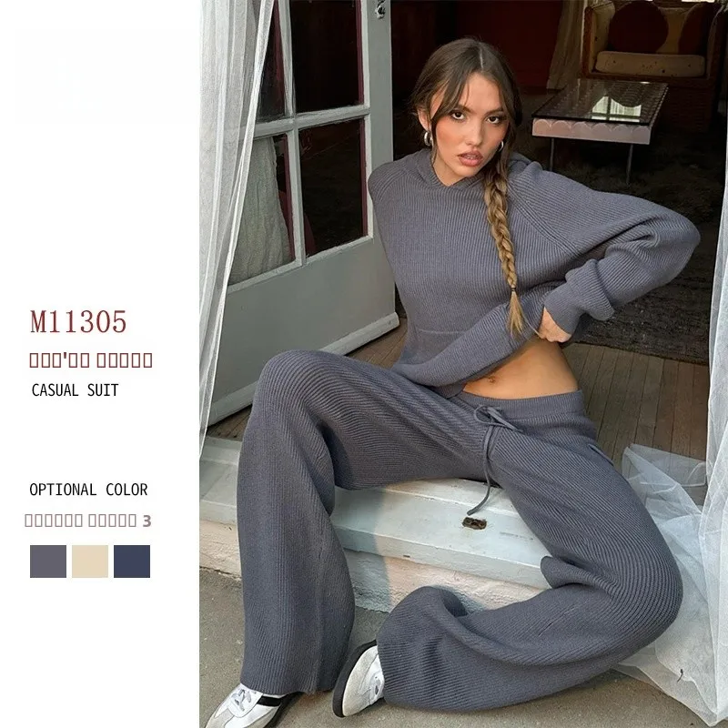 

Модный вязаный комплект с капюшоном: повседневный костюм для женщин на весну-осень, удобные брюки с длинными рукавами в европейском стиле