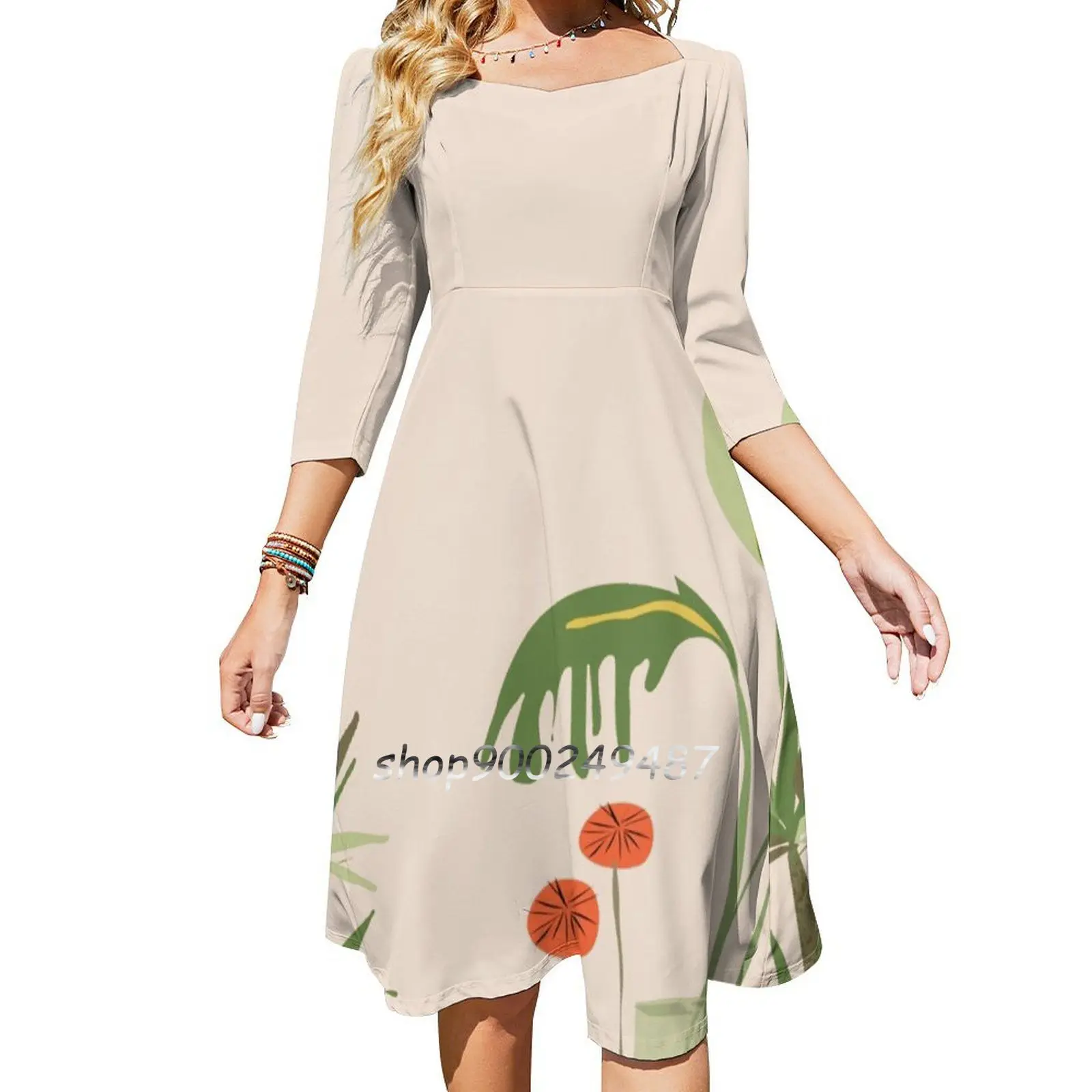 Migrating A Plant Flare Dress Short and Long Sleeve Dresses Fashion Printed Dress Plants Girl Female Florals Flowers Cat