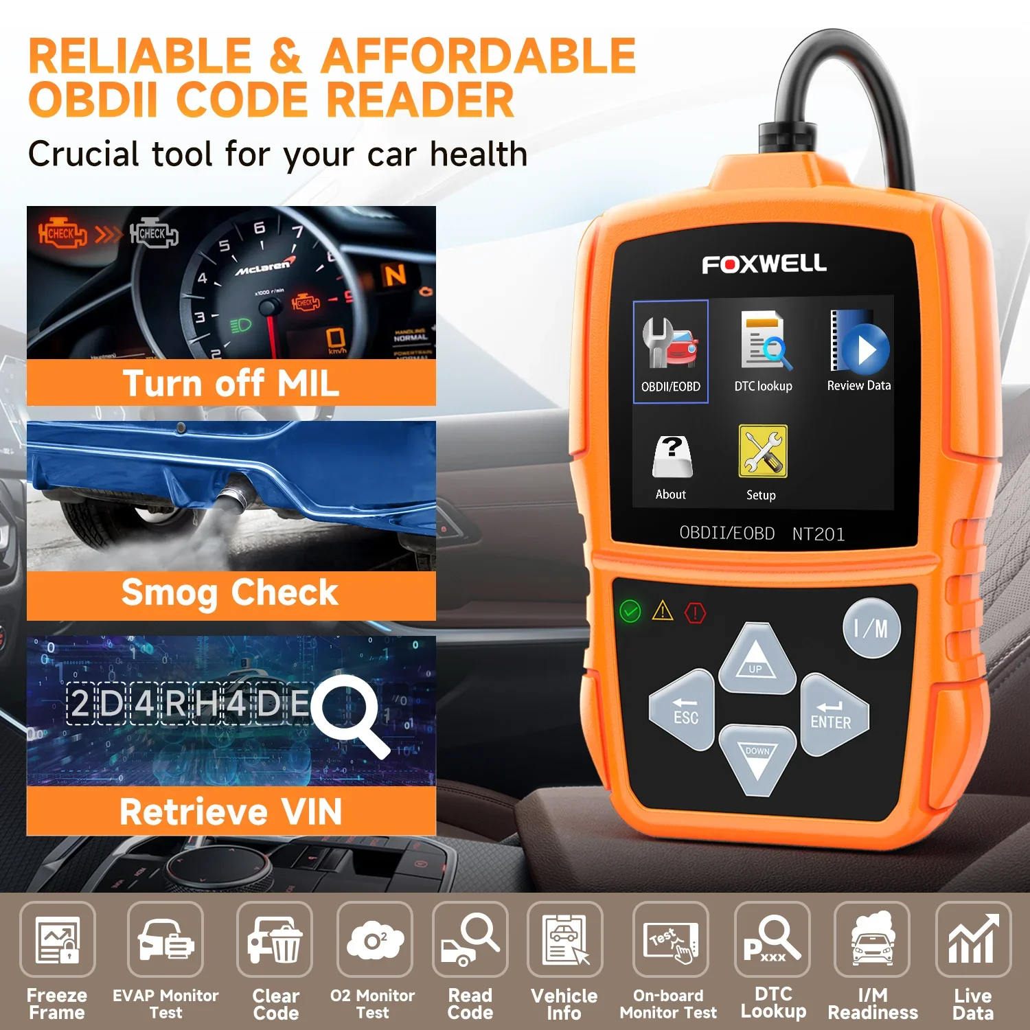 FOXWELL NT201 OBD2 Automotive Scanner Check Engine Light Professional Car Code Reader OBD II Car Diagnostic Scan Tool PK ELM327