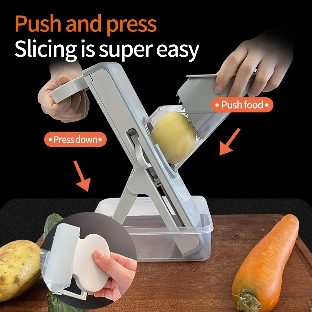 Sicherer Mandoline-Gemüseschneider, Gemüseschneider, Gemüseschneider, Hobel für Julienne, Pommes Frites und Kartoffeln. Erhalten Sie eine Aufbewahrungsbox mit Deckel