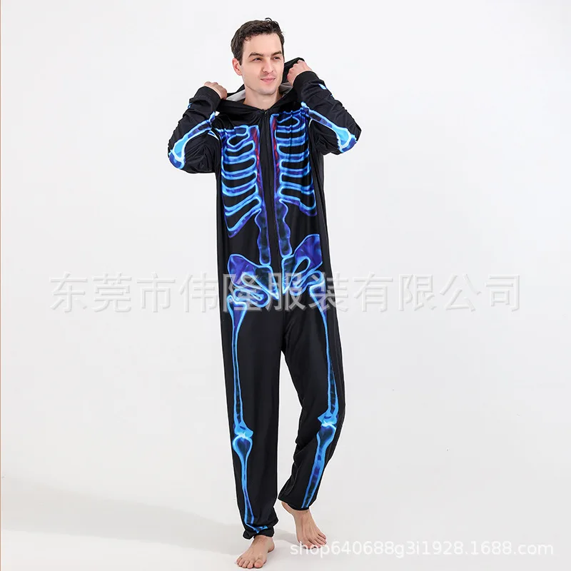 Women Men Hooded Pajamas Party Onesies Family Matching Outfit Halloween Girls Boys Black Skeleton Print Sleepwear Costume