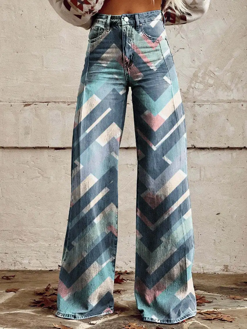 

Retro gradient women's wide-leg faux denim new fashion high-waist casual retro punk style women's faux denim