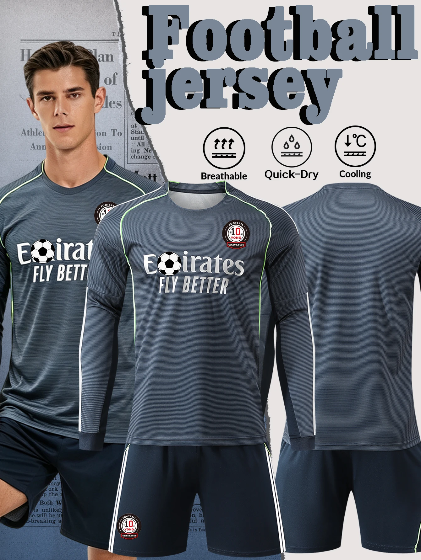 Men Long Sleeve Soccer Jersey Set Dark Grey Printed Football Uniform Suit Quick Dry Breathable Sport Shirt And Shorts Adult Team