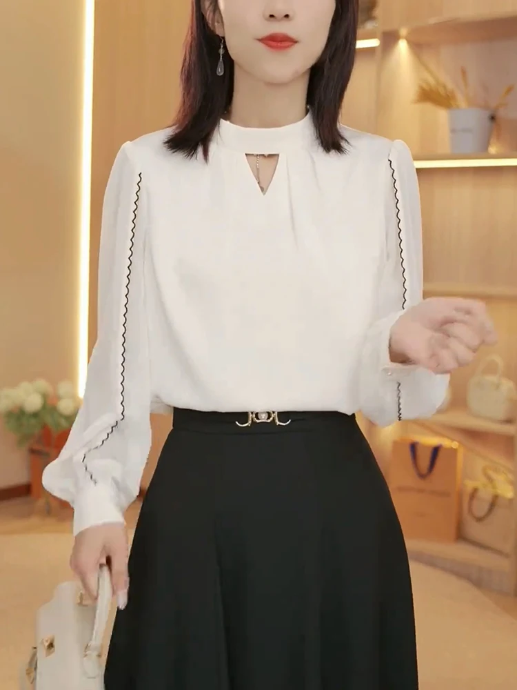 

Ele Simple Hollow Line Loose Chiffon irt Large Size Faionable Spring 2025 Top Korean Sle Commute Wind Long Sve