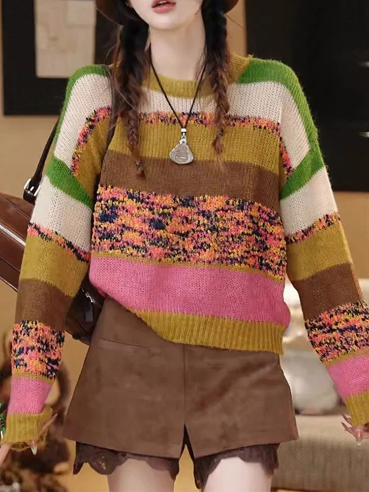 

Корейский модный полосатый свитер с круглым вырезом 2022, новый высококачественный осенне-зимний вязаный пуловер, топ C140