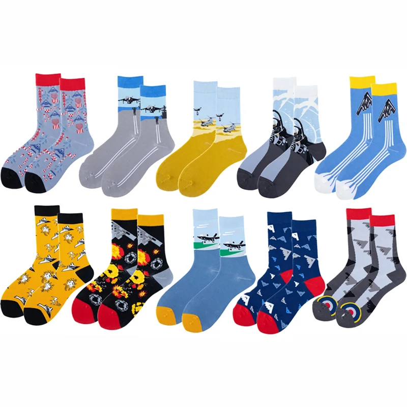 Trend Men Socks Combed Cotton Plane Colorful Novelty Harajuku New Design Crew Mid Tube Skateboard Socks