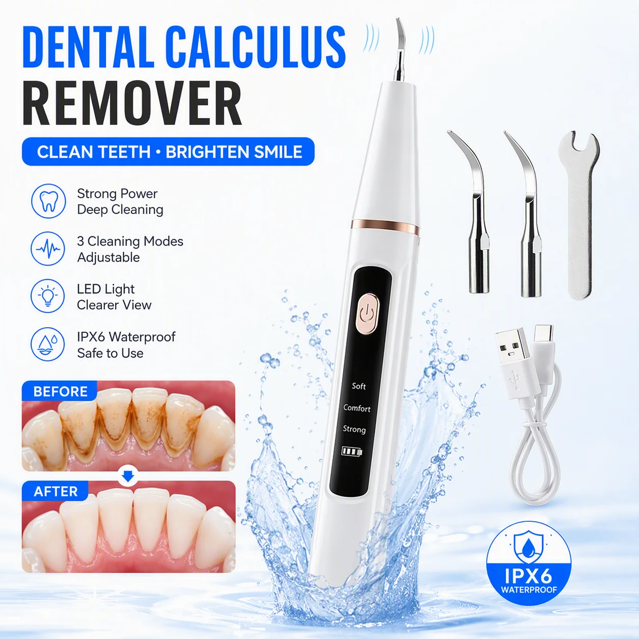 Ultrasonic Teeth Tartar Cleaner Dental Scaler Electric Teeth Cleaner Teeth Whitening Stain Calculus Plaque Remove Tartar Scraper