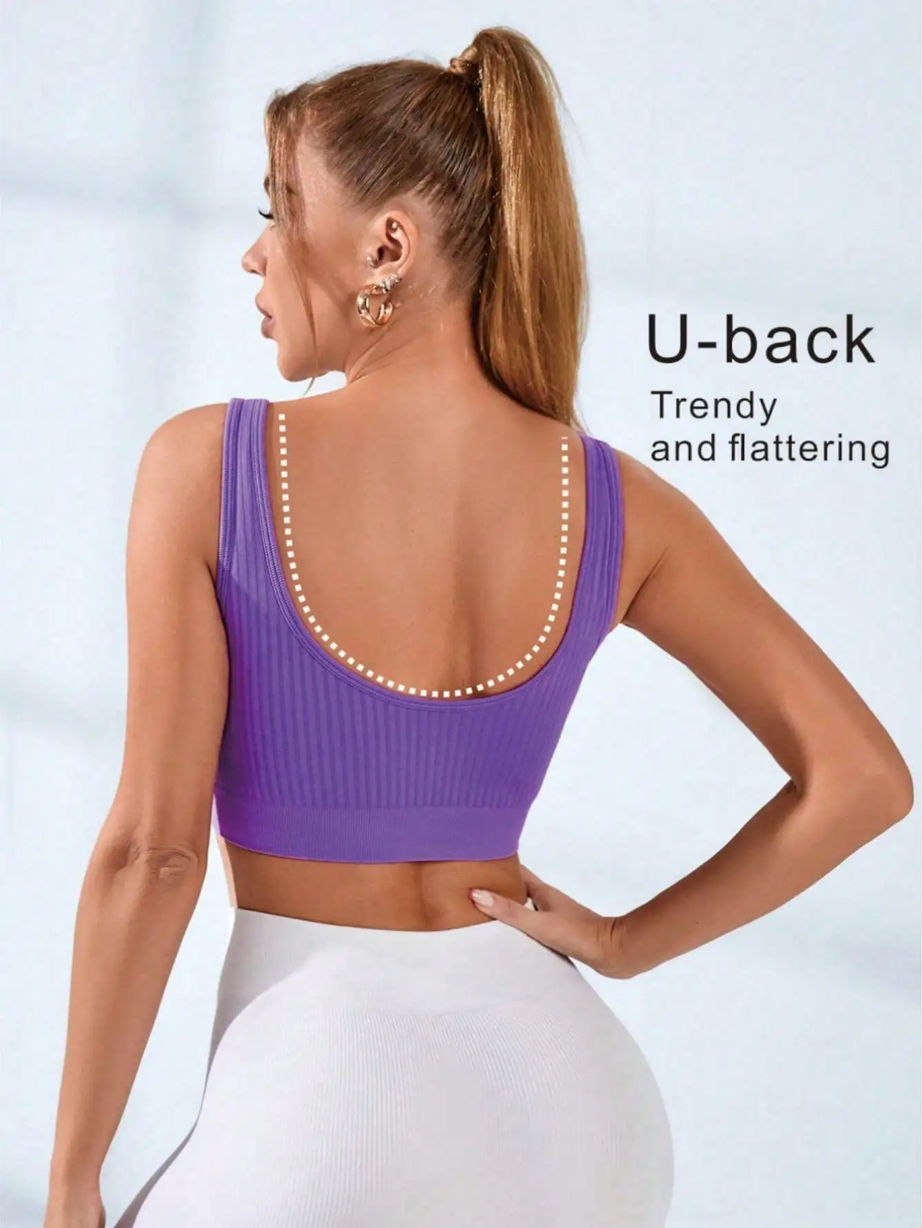 Women Ribbed U-Back Sports Bra, Seamless Yoga Crop Top, Quick Dry Breathable Workout Bralette for Gym Fitness Training