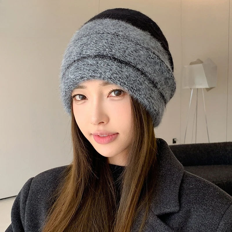 Premium Rabbit Fur Stacking Hat Light Luxury Temperament Color Matching Fleece Pullover Hat Outdoor Windproof and Warm