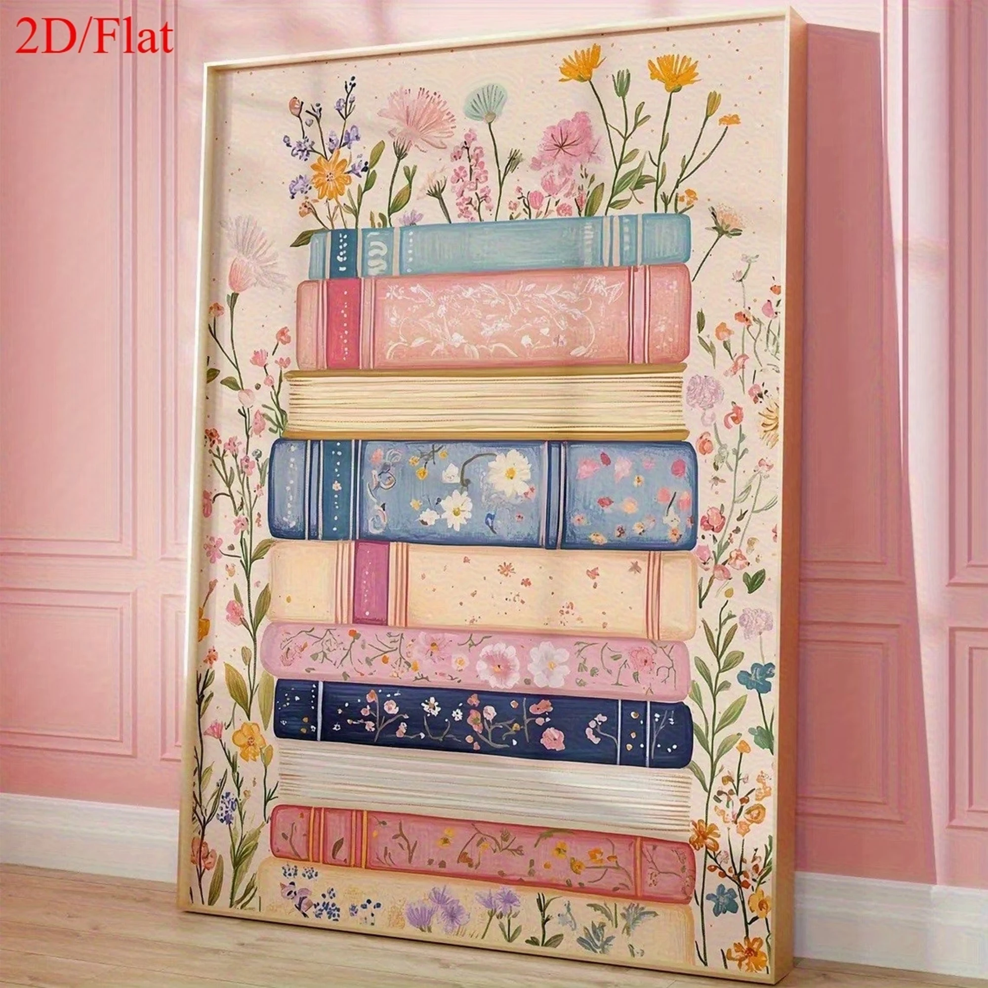 Modern Pastel Stacked Books With Wildflowers Wall Art Print Canvas Painting Poster Picture For Living Room,Bedroom Home Decor