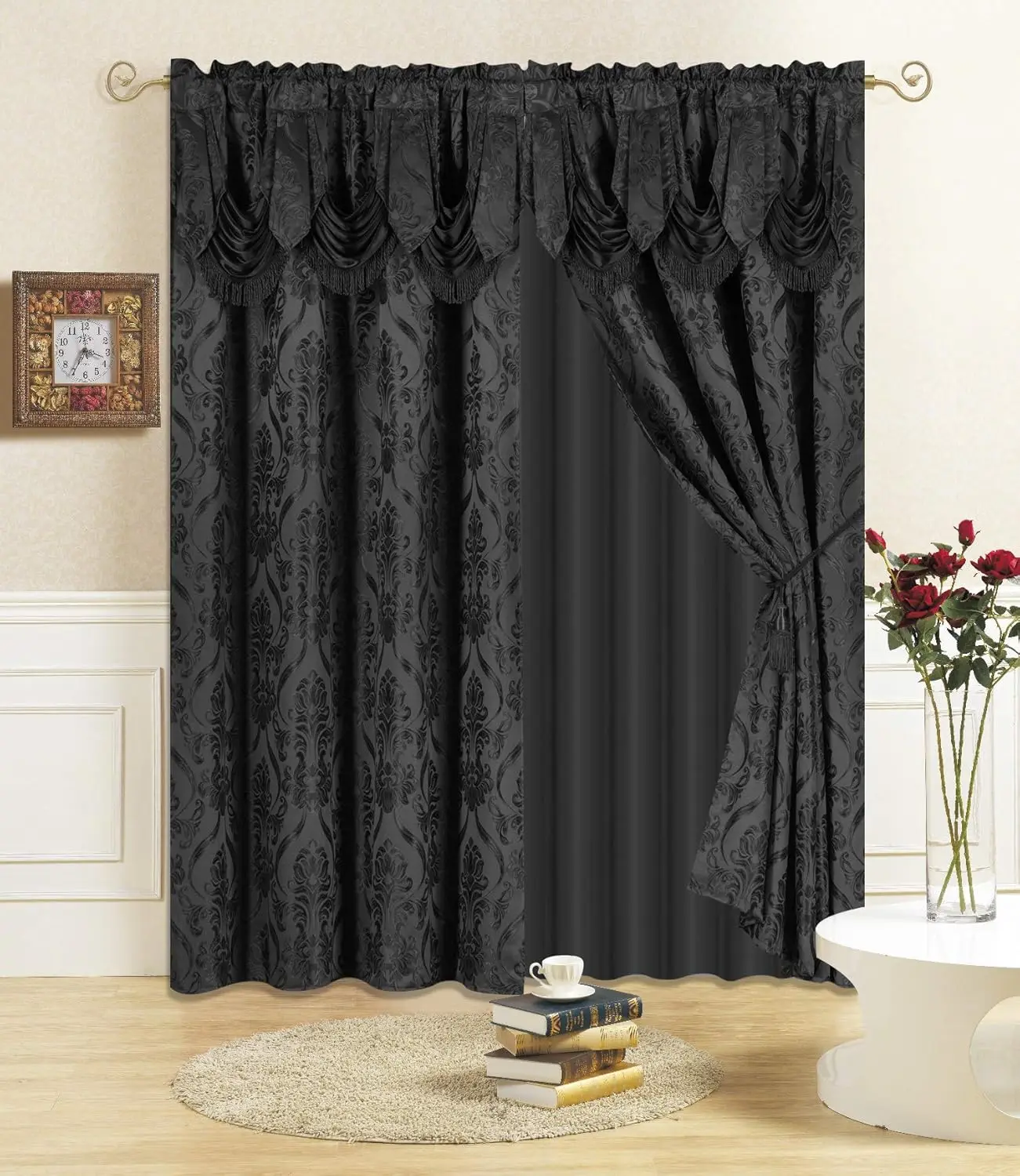

4 Piece Drape Set with Attached Valance and Sheer, 84" Length, Black, 2 Tie Backs Included