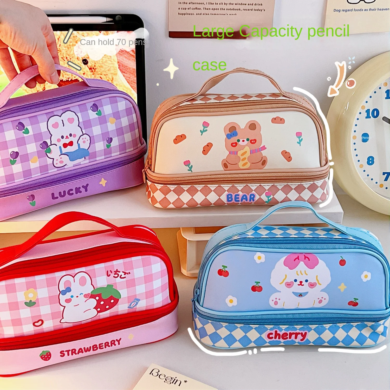 Cartoon Large Capacity Pen Bag Student Handheld Pen Bag Double Layer Storage Bag Cute And Simple Makeup Bag Stationery Box