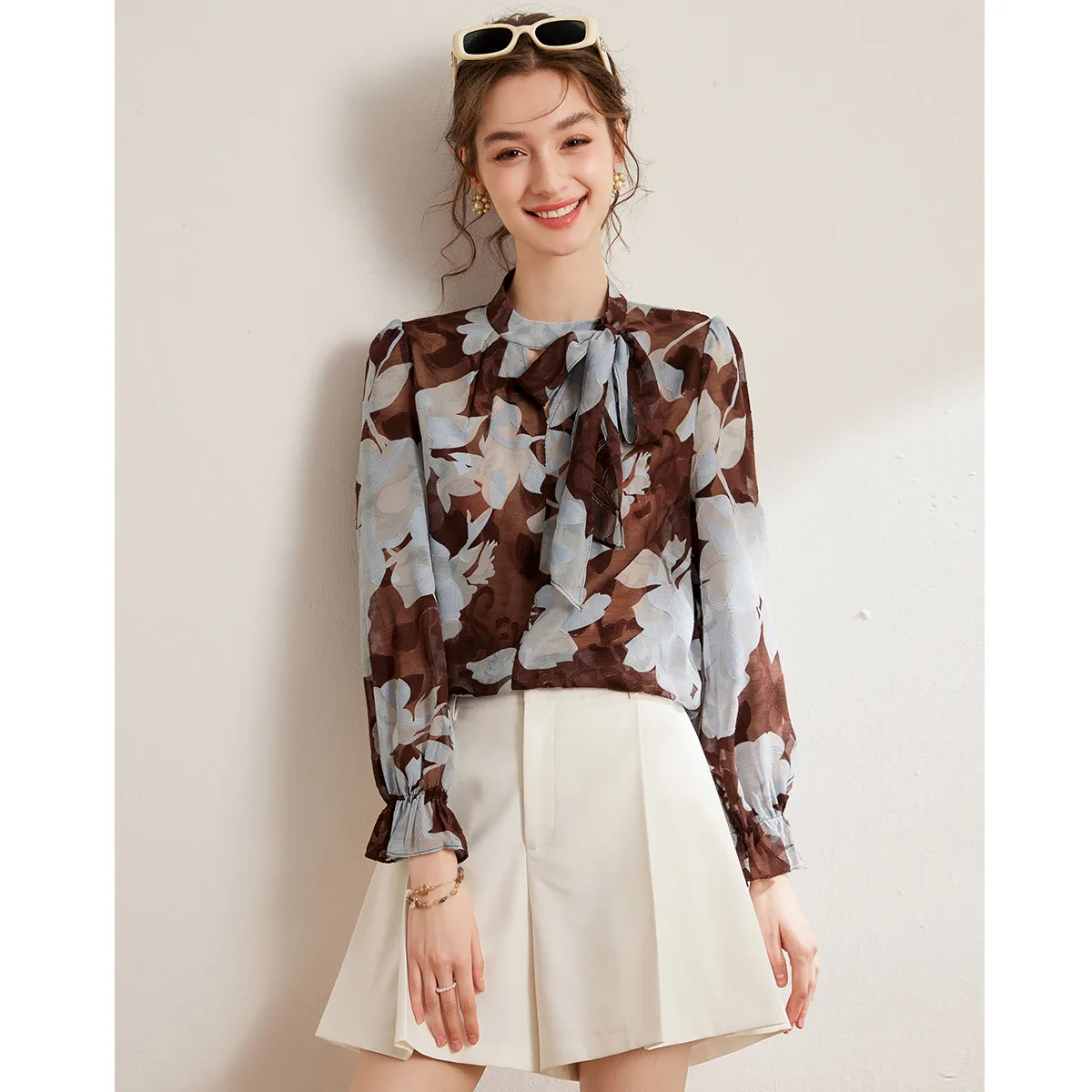 Spring Temperament Cut Flower Hollow Women's Shirt Fashion Standing Collar Tie Long Sleeve Pullover Top Shirt Female Clothing