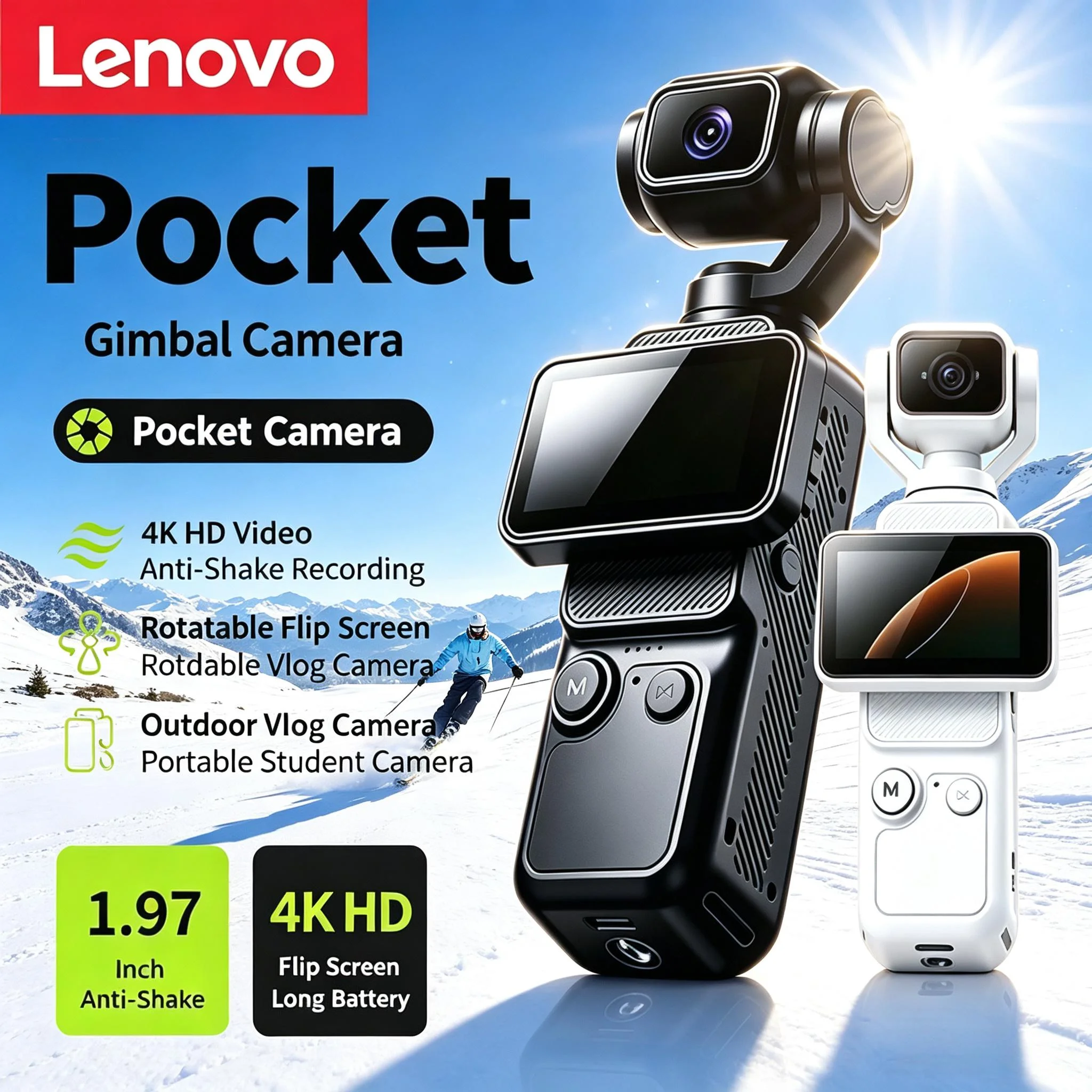 Lenovo Mini 4K HD Pocket Camera 180° Rotating Lens and Screen Image Stabilization Photo Video Recording Wi-Fi Transfer to Phone