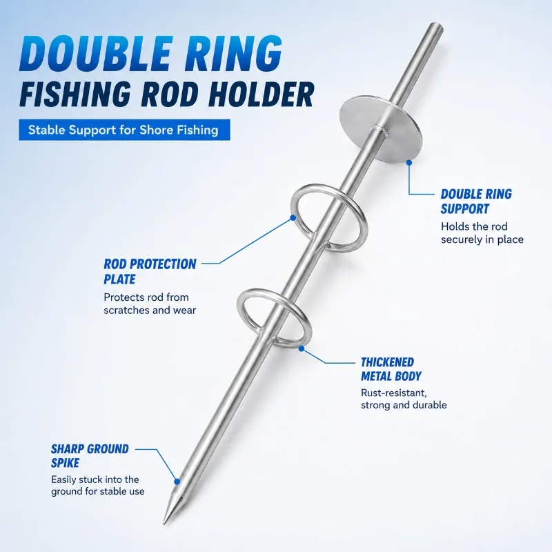 Double Ring Fishing Rod Holder Ground Spike, Heavy Duty Metal Bank Fishing Rod Stand for Shore Surf Sea Fishing Outdoor Angling view 3