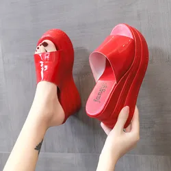 COOTELILI 2024 Fashion Slippers Women Shoe Outside Red Summer Women Platform Slippers Slip On 9cm Heel Casual 34-39