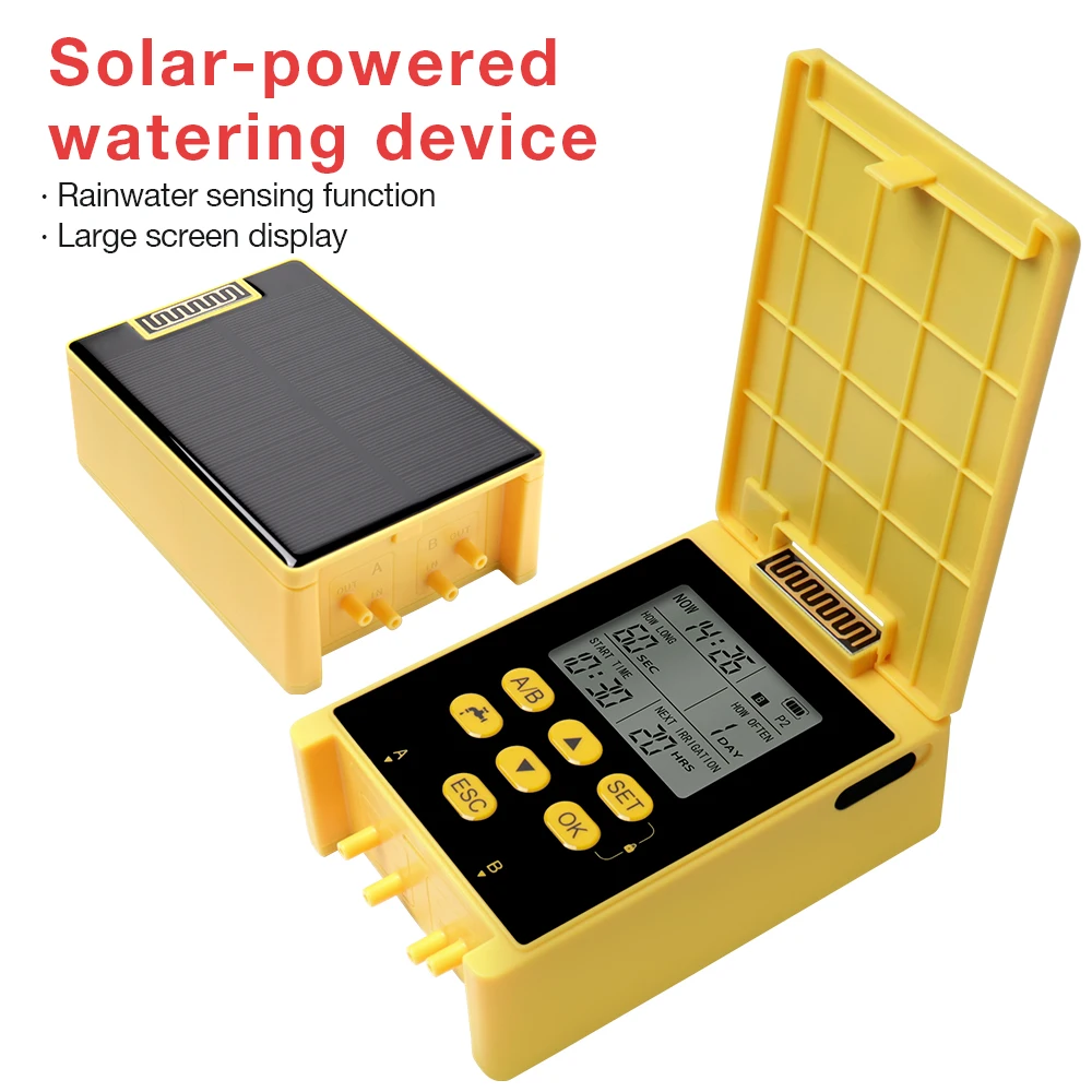 

Solar Power Double Pump Timers Automatic Drip Irrigation System Built-In Lithium Battery Rain Sensing for Garden Plant Watering