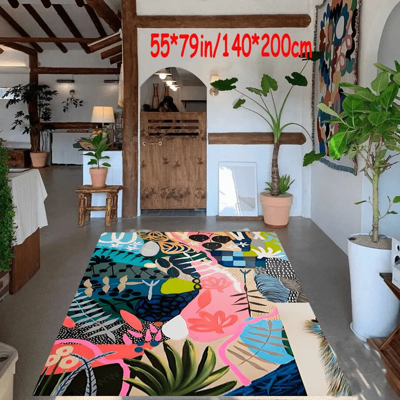 VIKAMA Boho Abstract Jungle Indoor Rug Vibrant Exotic Leaf Floral Art Pattern Non‑Slip Stain‑Resistant Washable Floor Mat Home