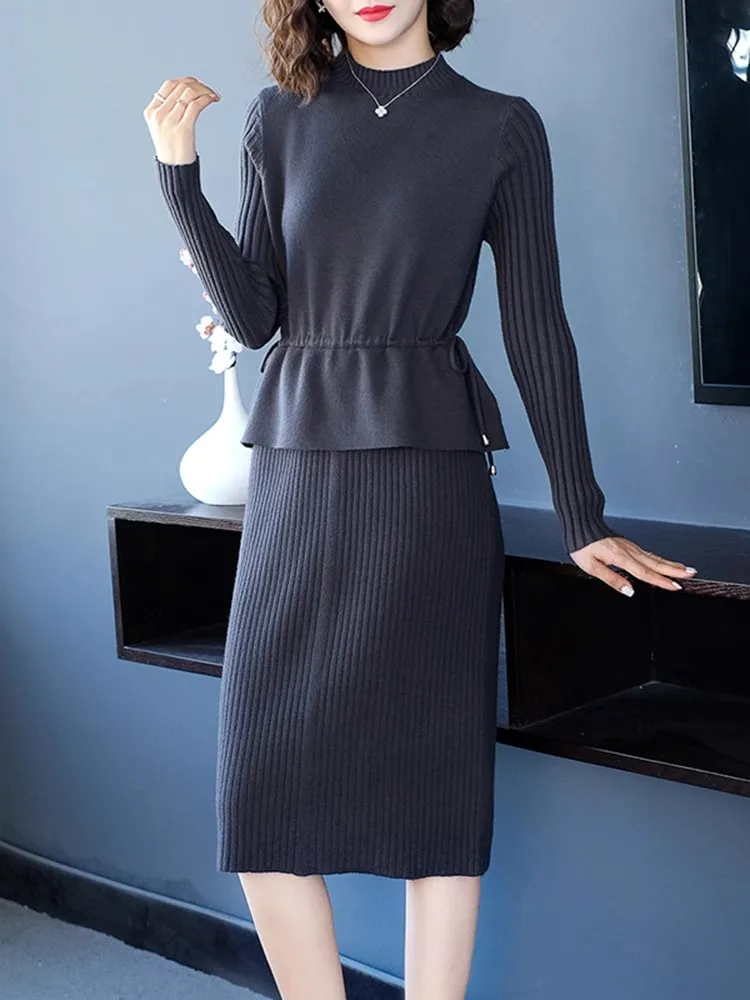 Women's Knitted Midi Dr f High Collar Slimming A-Line Silhouette Long Sve Comfortable Soft Korean Sle Commute Dr