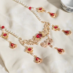 Ming-style Necklace Ancient Jade Fringe Pendant Chinese Hanfu Accessories Pearl Bead Choker Vintage Costume Party Neck Jewelry