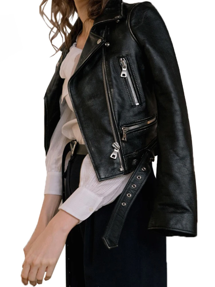 FTLZZ-Blouson en similicuir noir pour femme, veste de motard à col rabattu avec ceinture et fermeture éclair, nouvelle collection automne hiver