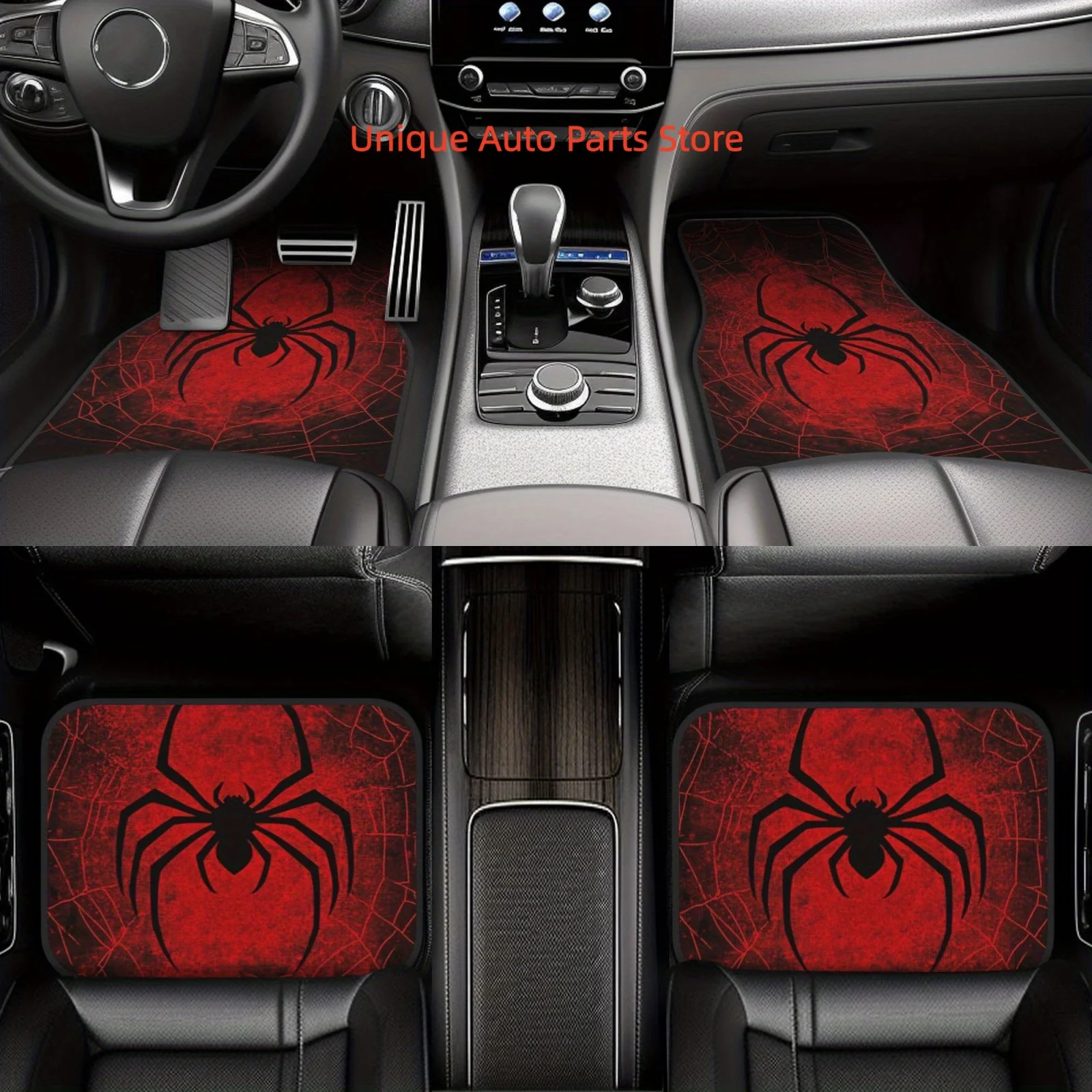 Set of 4 Premium Black Spider Design Car Floor Mats on Red Web, All-Season Carpet Suitable for Different Cars And Suvs, Universa
