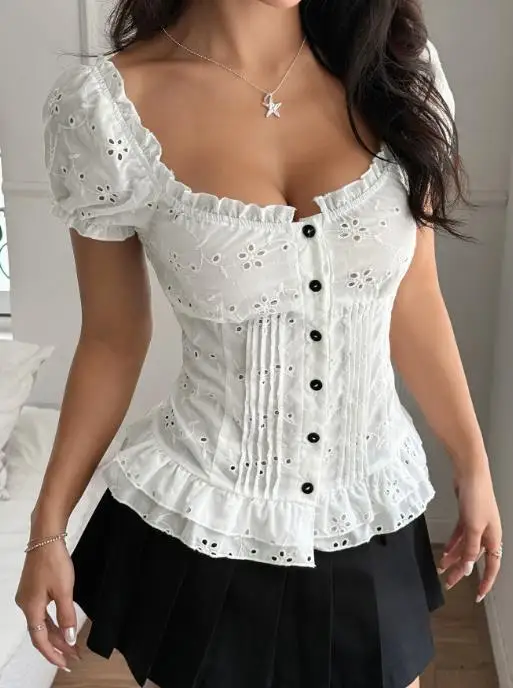 

Women's Clothing 2025 Spring Summer Sexy Hot Girl Hollow Out Short Sleeved T-Shirt Street Fashion Style Sexy Elegant T-Shirt