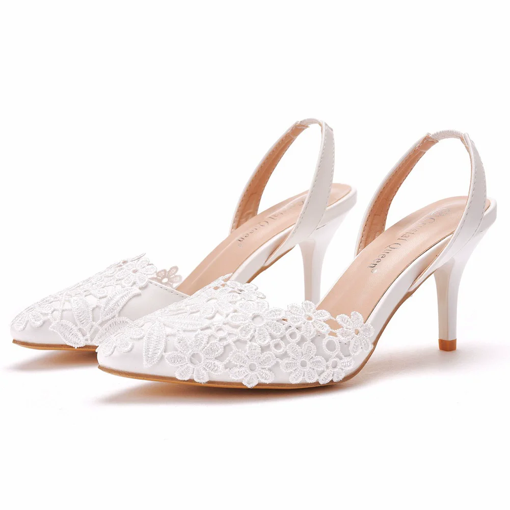 

7cm high-heeled sandals summer new white pointed scalp lace wedding shoes banquet dress large size small size women's shoes