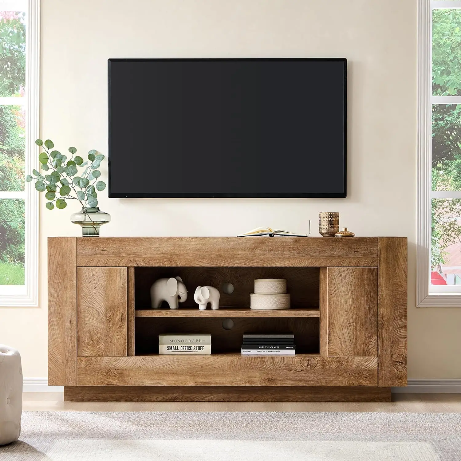 

70" Modern TV Stand,Entertainment Center for 80" TVs,Media Console with Open Storage & Side Cabinets,Thick Wood Light Knotty Oak