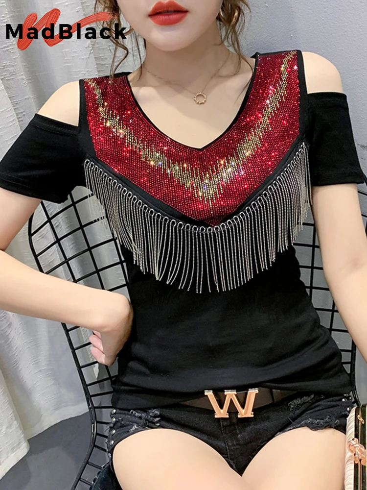 MadBlack letnie europejskie ubrania T-Shirt moda Sexy Off ramię kolorowe diamenty Tassel kobiety topy koszula 2022 Tees T05607