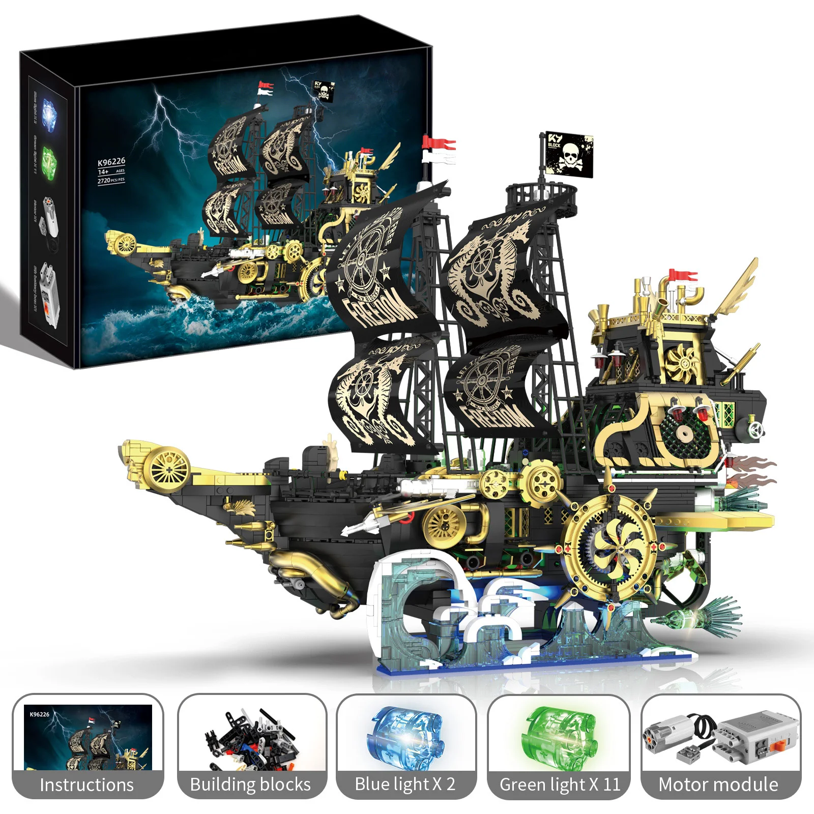 2770PCS Retro Pirate Ship Building Blocks Set with Lighting Components, Mechanical Ship Model Assembly Toy, Adult Birthday Gift