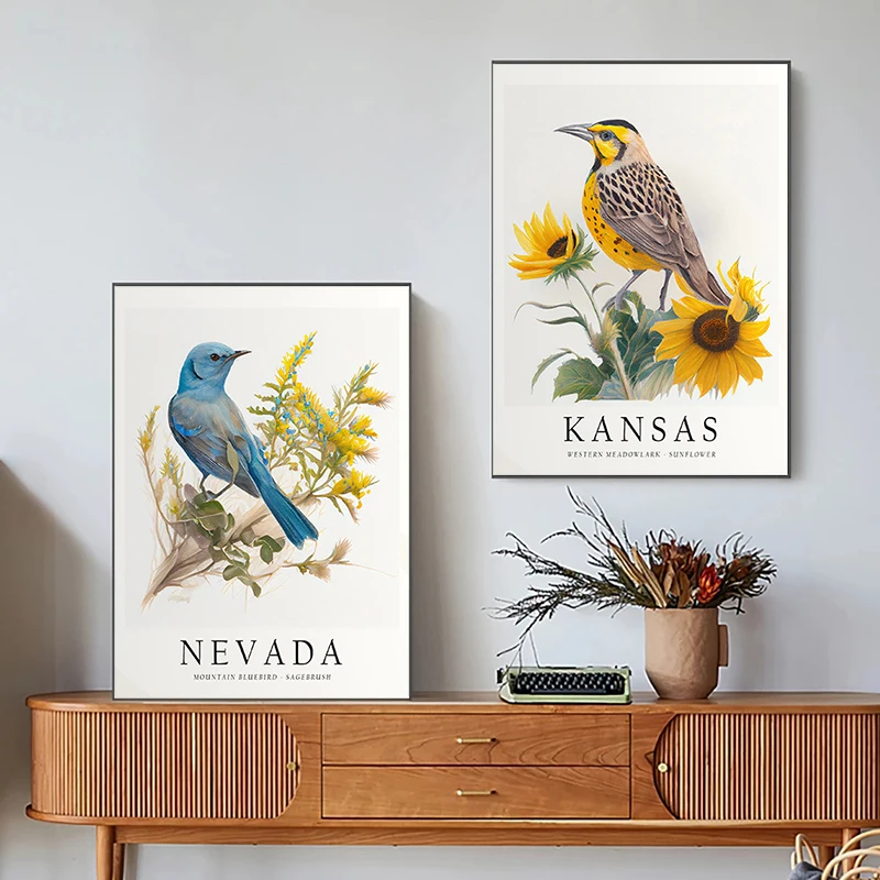 USA State Birds Colorful Modern Bird Poster Washington Maryland Canvas Painting Wall Art Picture for Living Room Home Decor