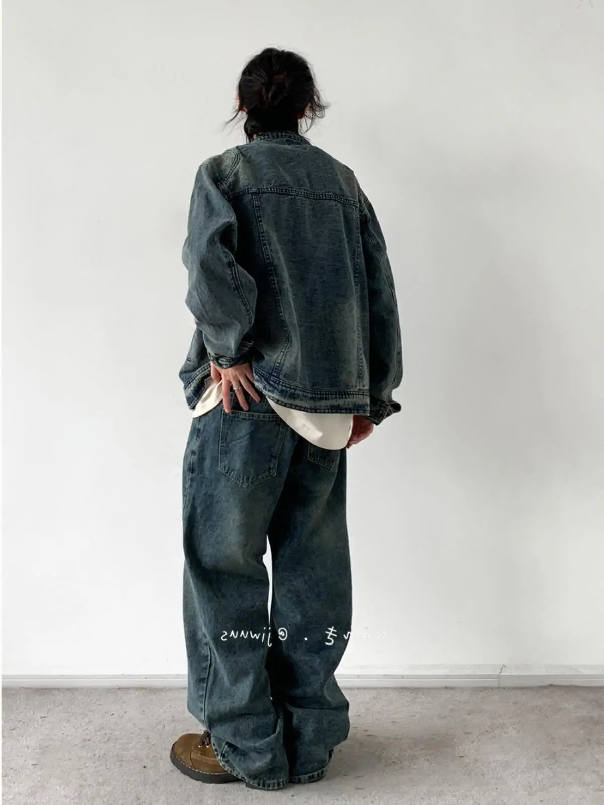 Embroidered Washed Denim Jacket For Man Women BF Jeans Coat Style Loose Blue Workwear, Couple's Top