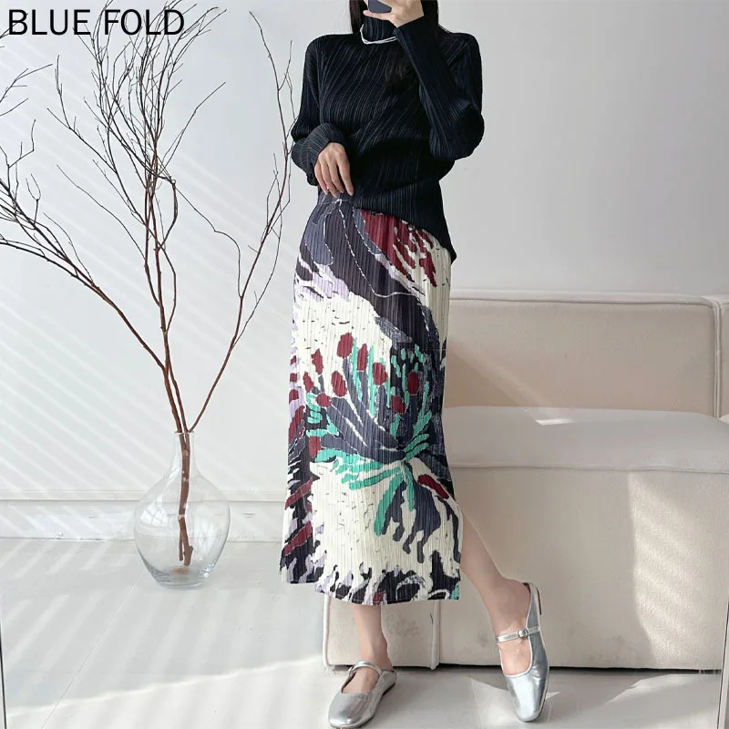 Miyake Pleated New Frost Flower Print Skirt Fashionable Retro Print Slit Mid-length Skirt for Women Elegant Women Clothing