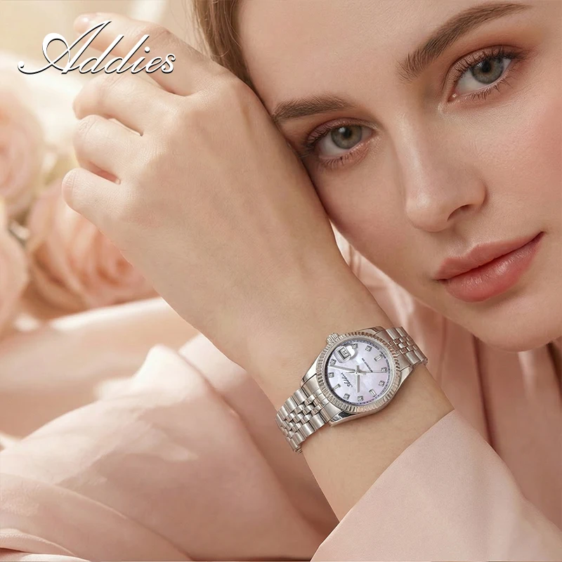 Addies Elegant Women Quartz Watches Luxury Sapphire Czech Rhinestone Unique Mother-Of-Pearl Dial Waterproof Leisure Steel Watch