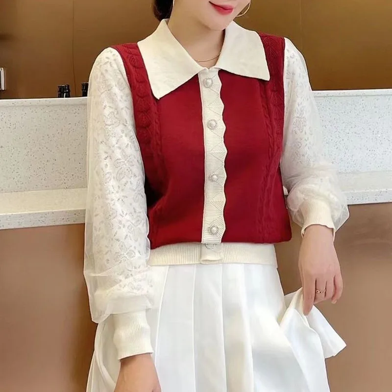 Camisola de malha feminina pullovers nova manga longa gola boneca retalhos camisola de malha pulôver feminino topos sueters de mujer q1179