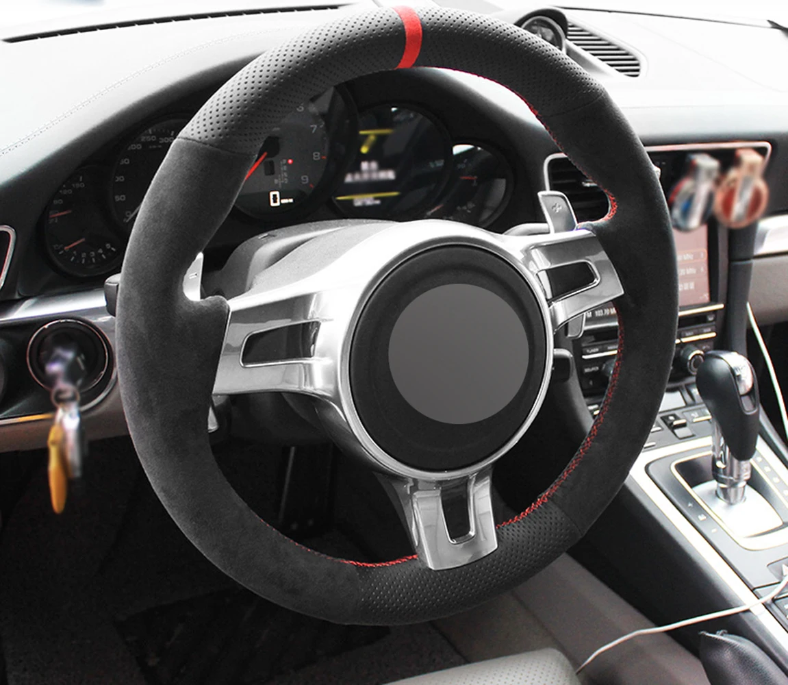 Alcantara Car Steering Wheel Cover Wrap Genuine Leather Red Thread Car Accessoires Specifically for Porsche 911 991 BOXSTER 981