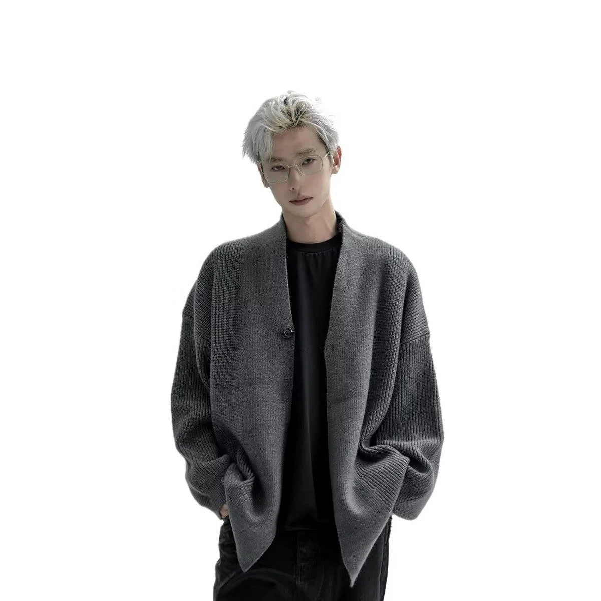 

Autumn Winter V-Ne Pure Color Knitted Sweater Men's Casual Faion Retro Sle Loose Fit Long Sve Polyester Fiber