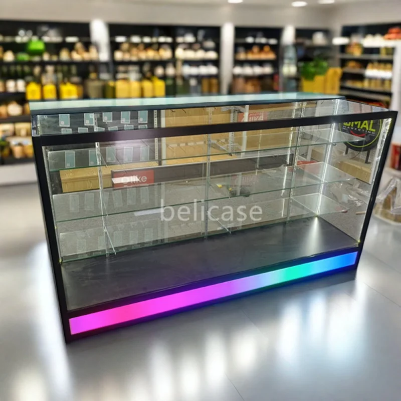 Vitrine de vidro completo com luz LED Loja de fumaça popular Casos de exibição de lojas bloqueáveis, personalizados