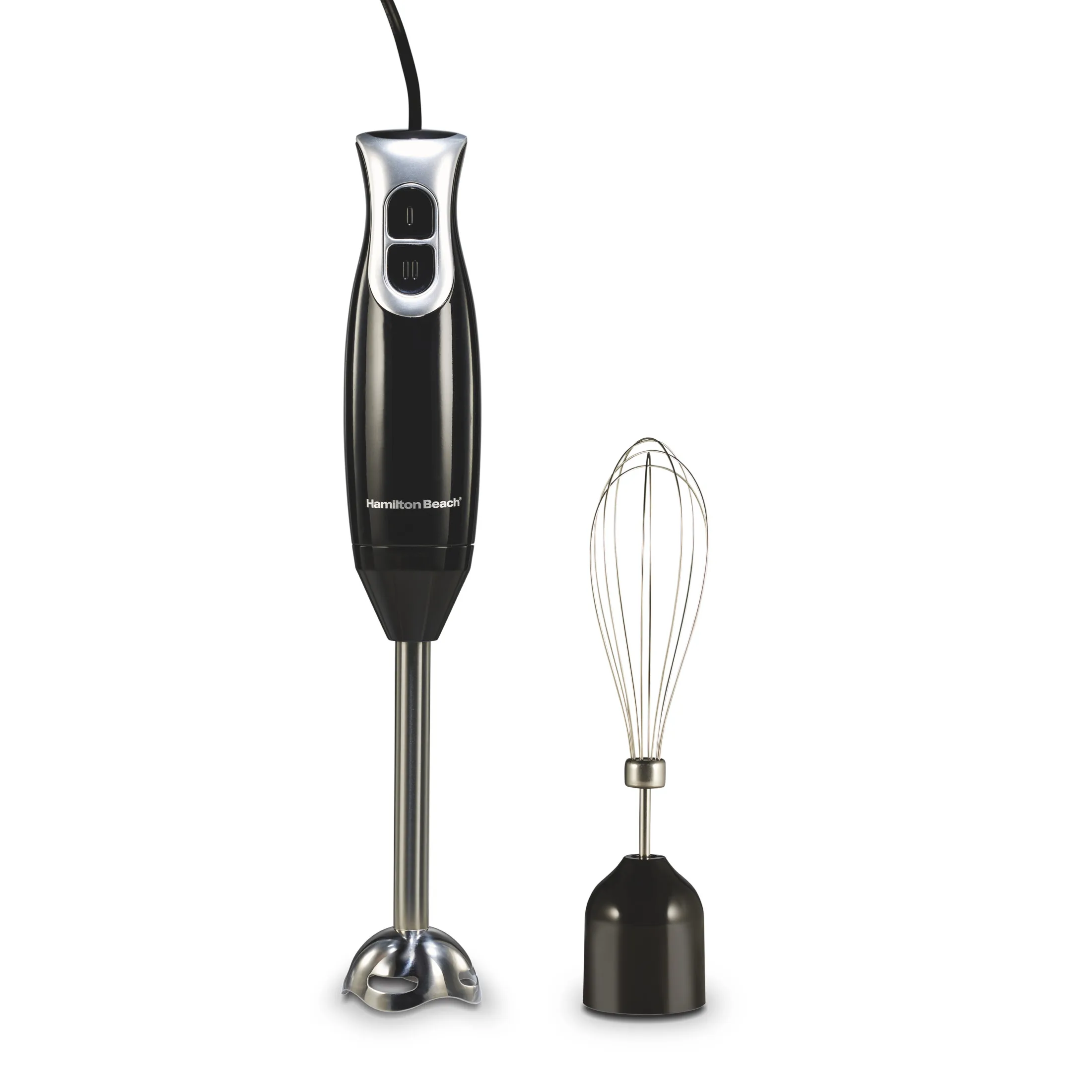 

High-speed handheld immersion blender with blending wand and whisk attachment in black finish