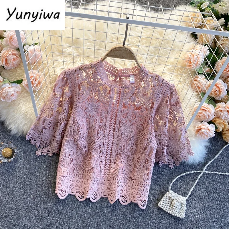 Korean Woman Clothes Blusas Mujer De Moda Fashion Shirts Hollow Out Floral Blouses Women Lace Laides Cropped Tops