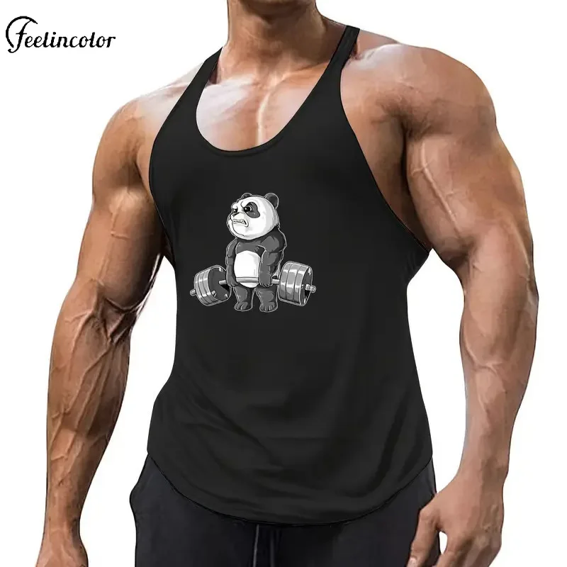 

Panda Weightlifting Cartoon Printed Tank Tops for Men Summer Black White Sleeveless Shirt Casual Sportwear Gym Fitness Vest