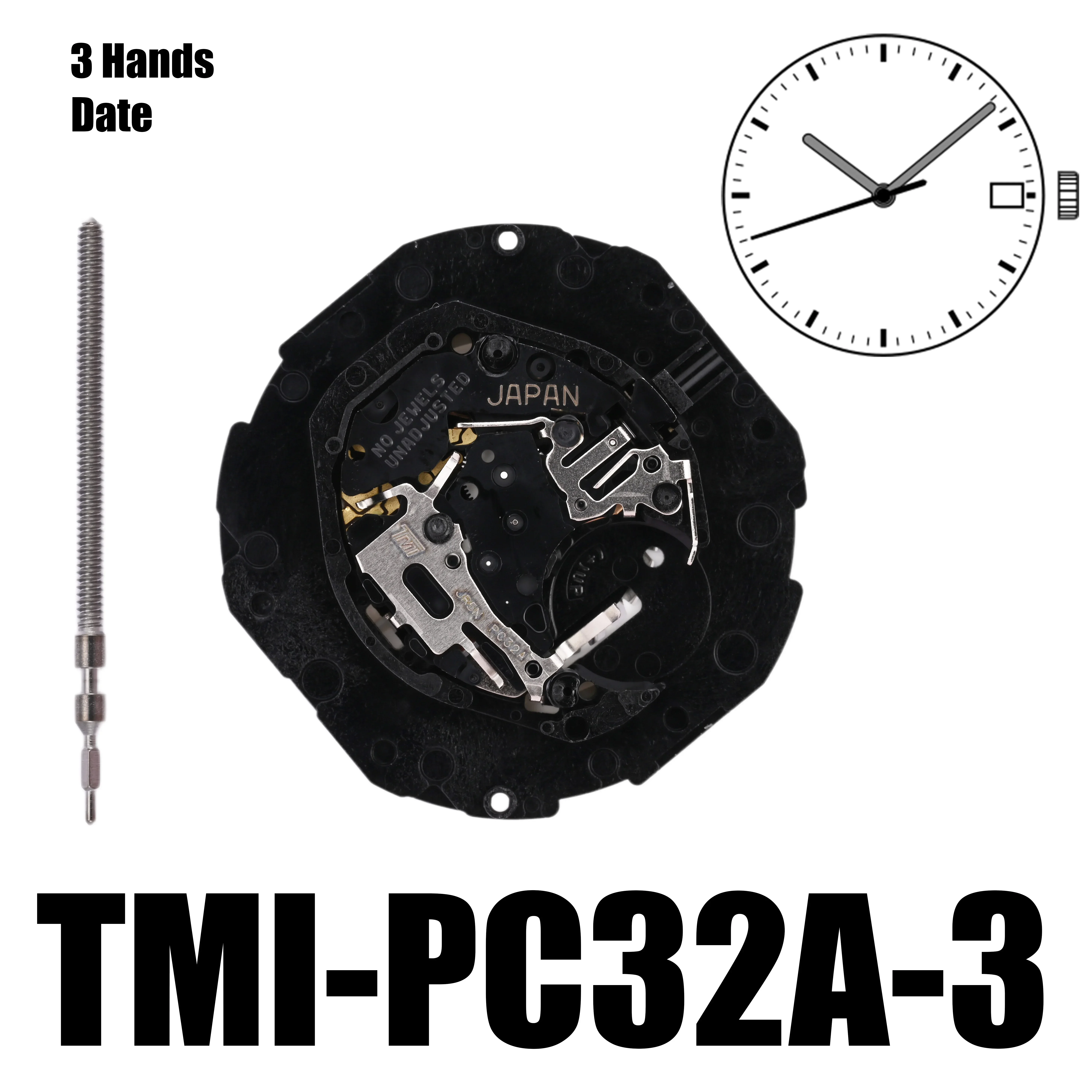 PC32 Movement TMI-PC32A Movement Standard Single Calendar  - PC32A Quartz Movement 3 Hands Day Size: 10 ½‴ Height: 4.15mm